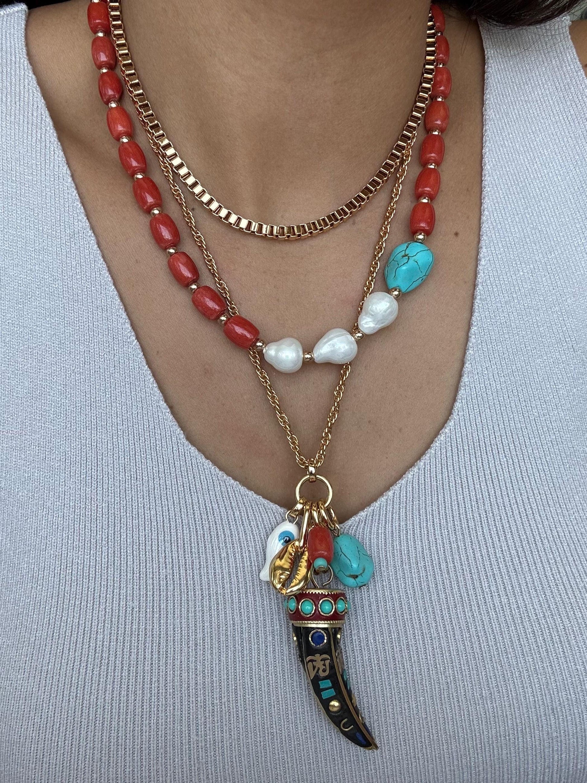 Bohemian Layered Necklace | Barrel Bamboo Choker | Nepalese Tusk Charm Chain | Gold Boxchain Choker