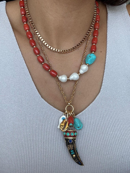 Bohemian layered necklace set with tusk charm chain by AVINZIA