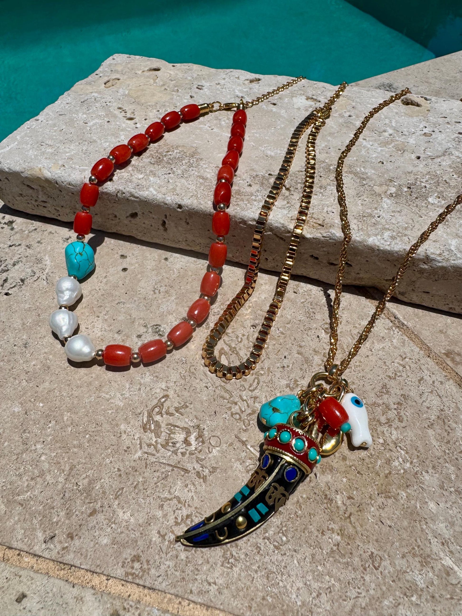 Bohemian Layered Necklace | Barrel Bamboo Choker | Nepalese Tusk Charm Chain | Gold Boxchain Choker