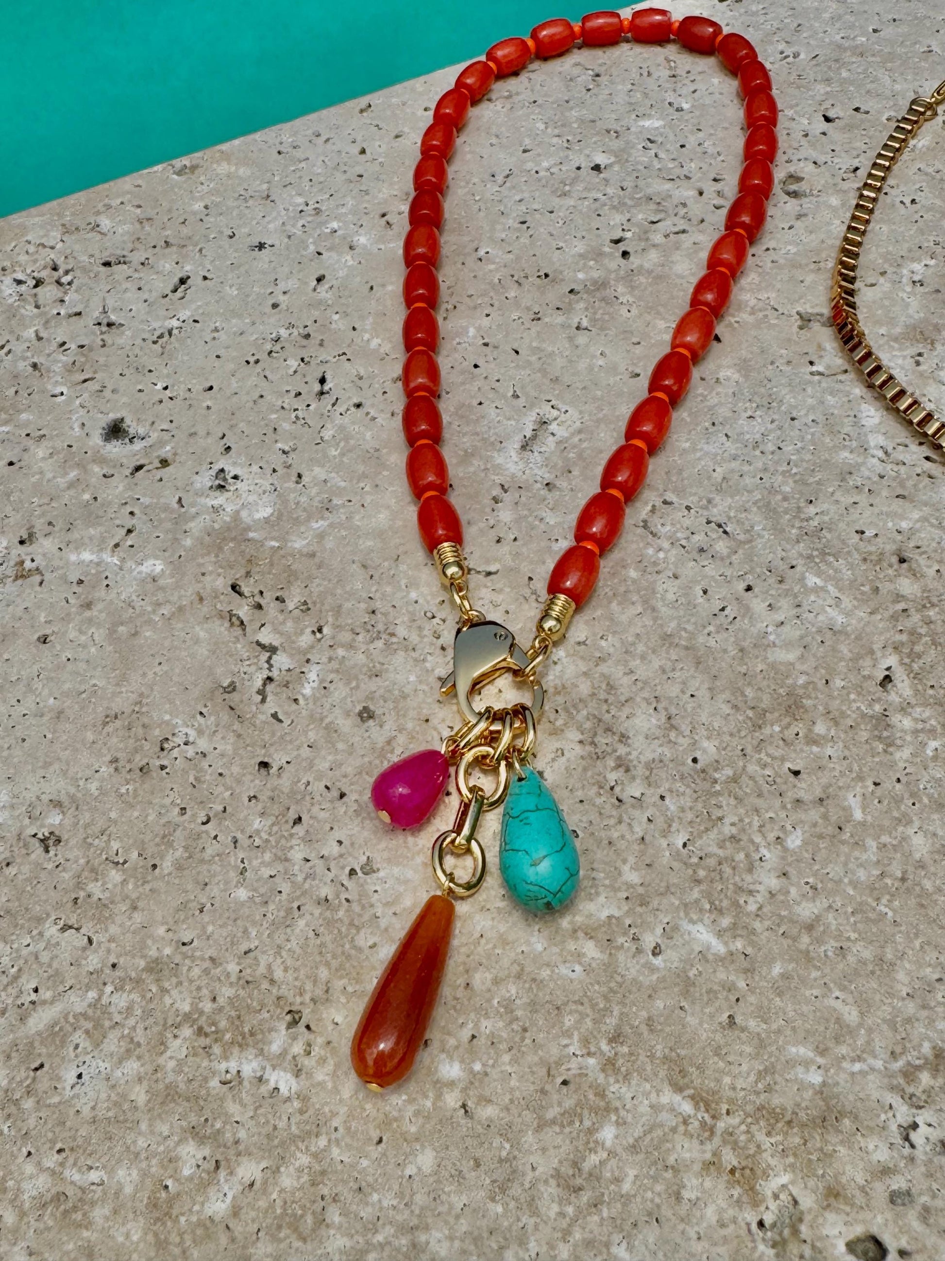 Coral Bamboo Beaded Necklace | Teardrop Charms Nekclace | Orange Evil Eye Heart Charm Choker | Colorful Gemstone Layered Necklace