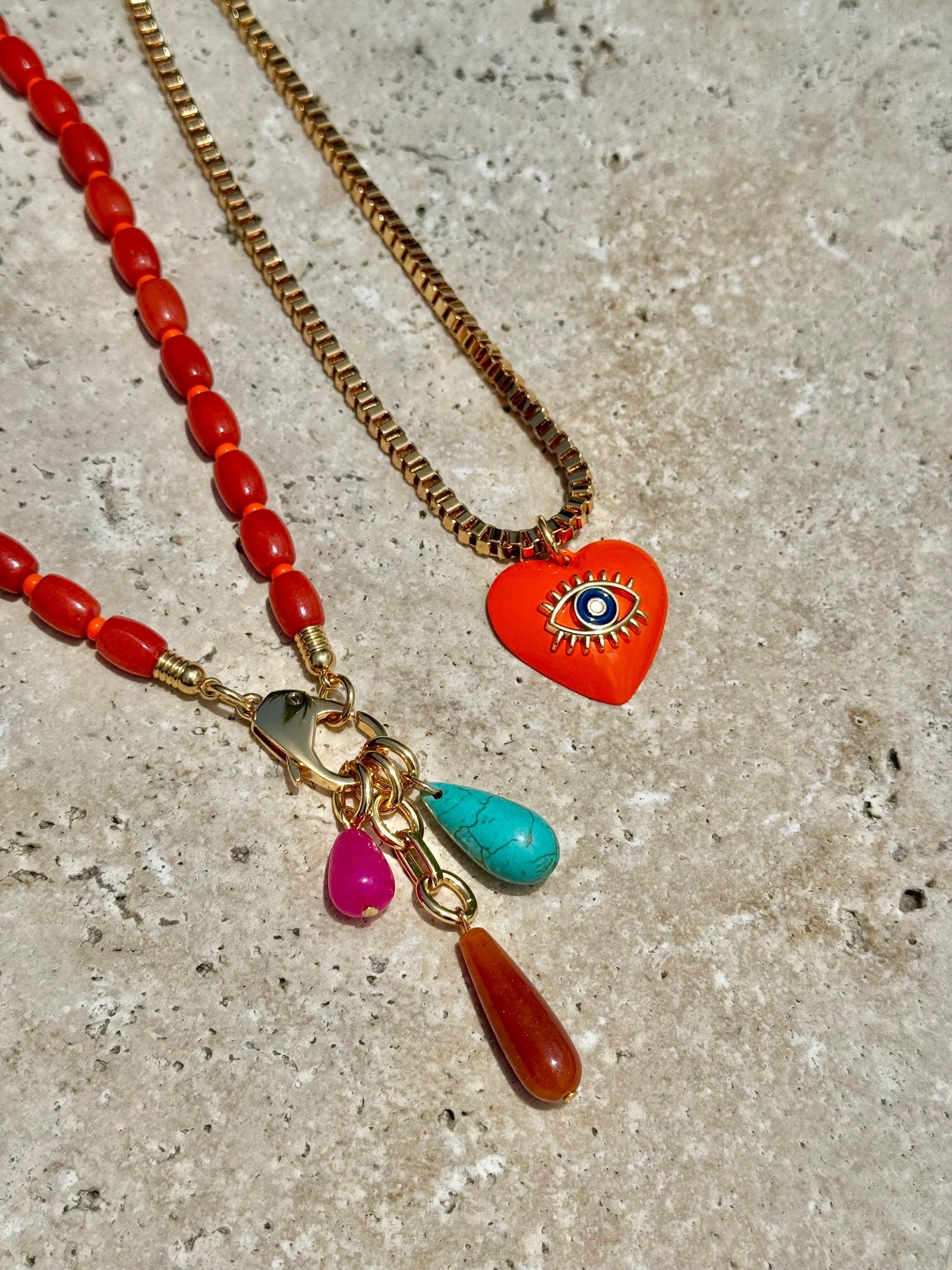 Coral Bamboo Beaded Necklace | Teardrop Charms Nekclace | Orange Evil Eye Heart Charm Choker | Colorful Gemstone Layered Necklace