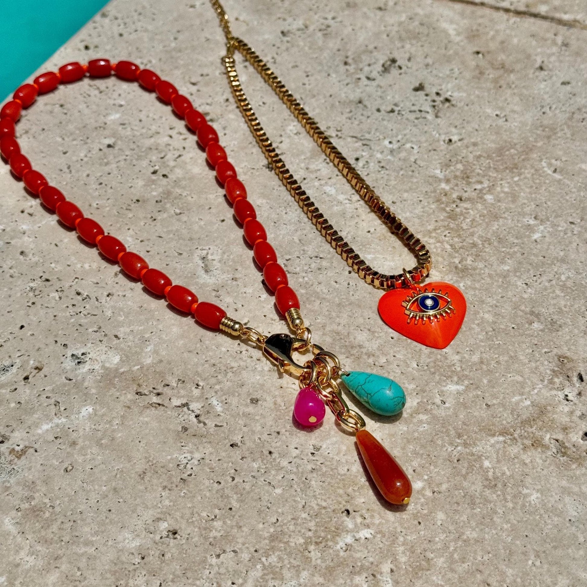 Coral Bamboo Beaded Necklace | Teardrop Charms Nekclace | Orange Evil Eye Heart Charm Choker | Colorful Gemstone Layered Necklace
