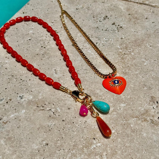 Coral Bamboo Beaded Necklace | Teardrop Charms Nekclace | Orange Evil Eye Heart Charm Choker | Colorful Gemstone Layered Necklace