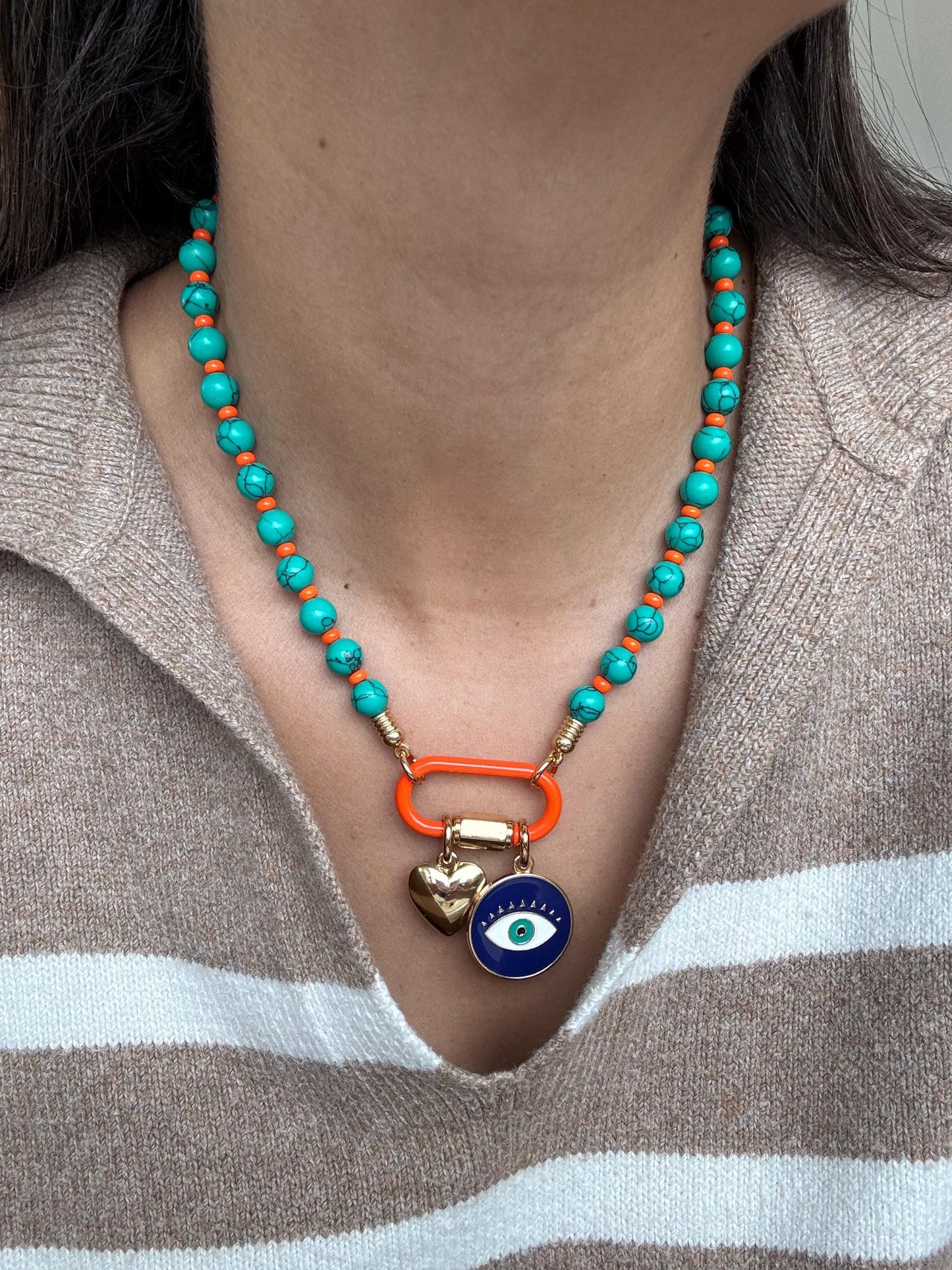Evil Eye Carabiner Charms Necklace | Gemstone Carabiner Clasp Necklace | Colorful Beaded Summer Necklace | Gift for Her