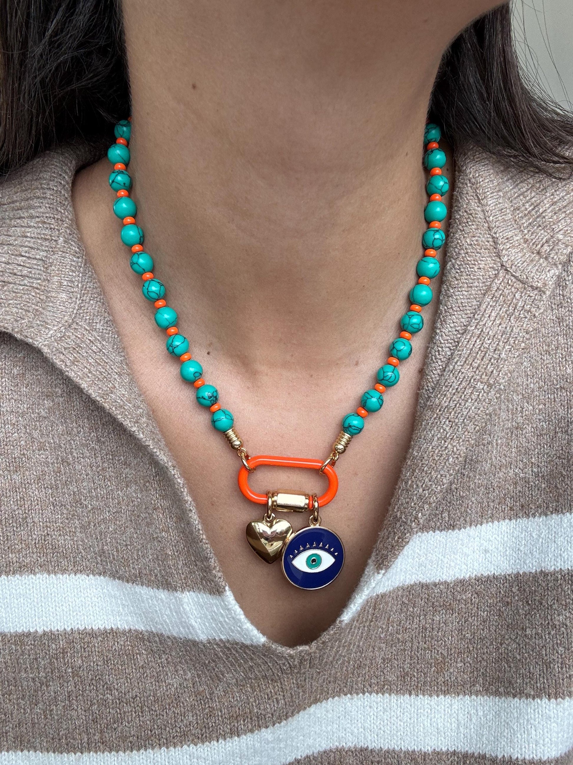 Evil Eye Carabiner Charms Necklace | Gemstone Carabiner Clasp Necklace | Colorful Beaded Summer Necklace | Gift for Her