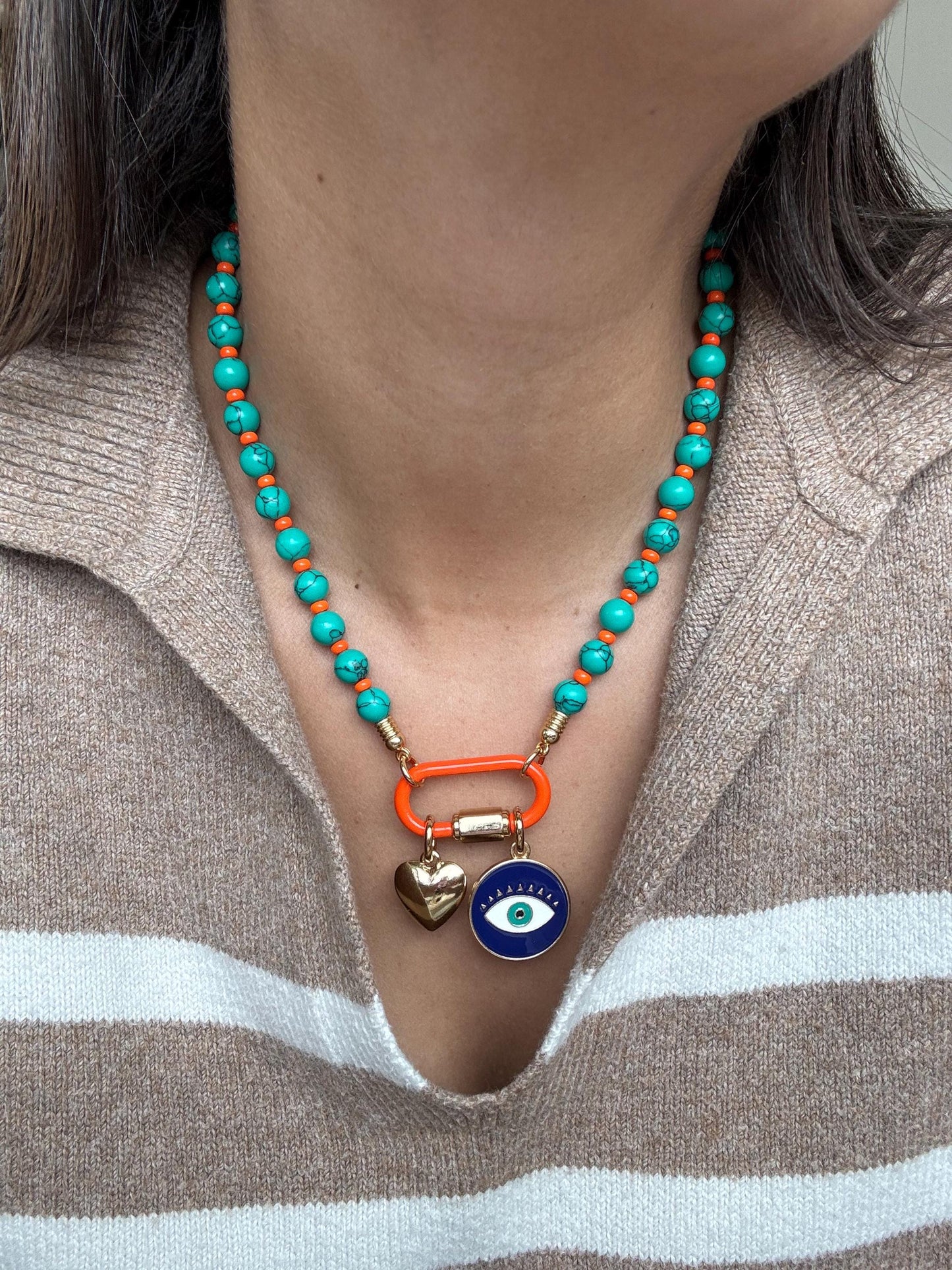 Evil Eye Carabiner Charms Necklace | Gemstone Carabiner Clasp Necklace | Colorful Beaded Summer Necklace | Gift for Her