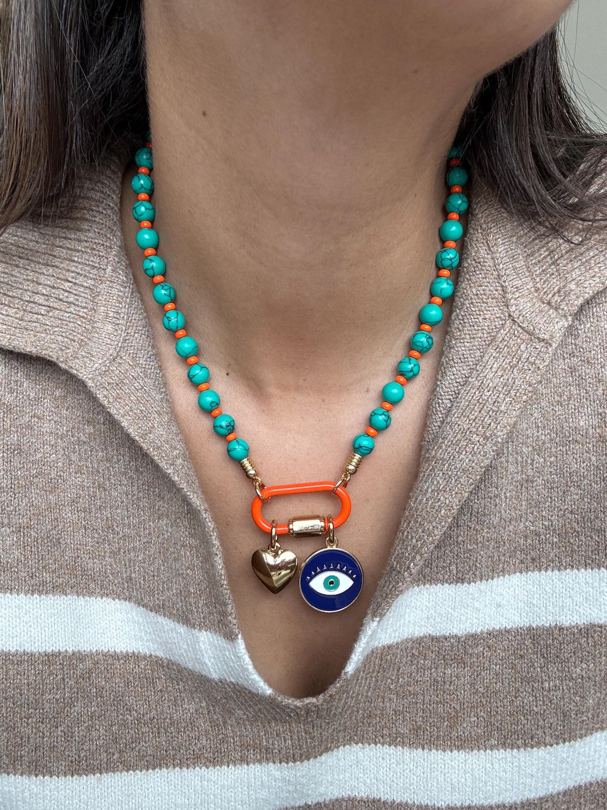 Evil Eye Carabiner Charms Necklace | Gemstone Carabiner Clasp Necklace | Colorful Beaded Summer Necklace | Gift for Her