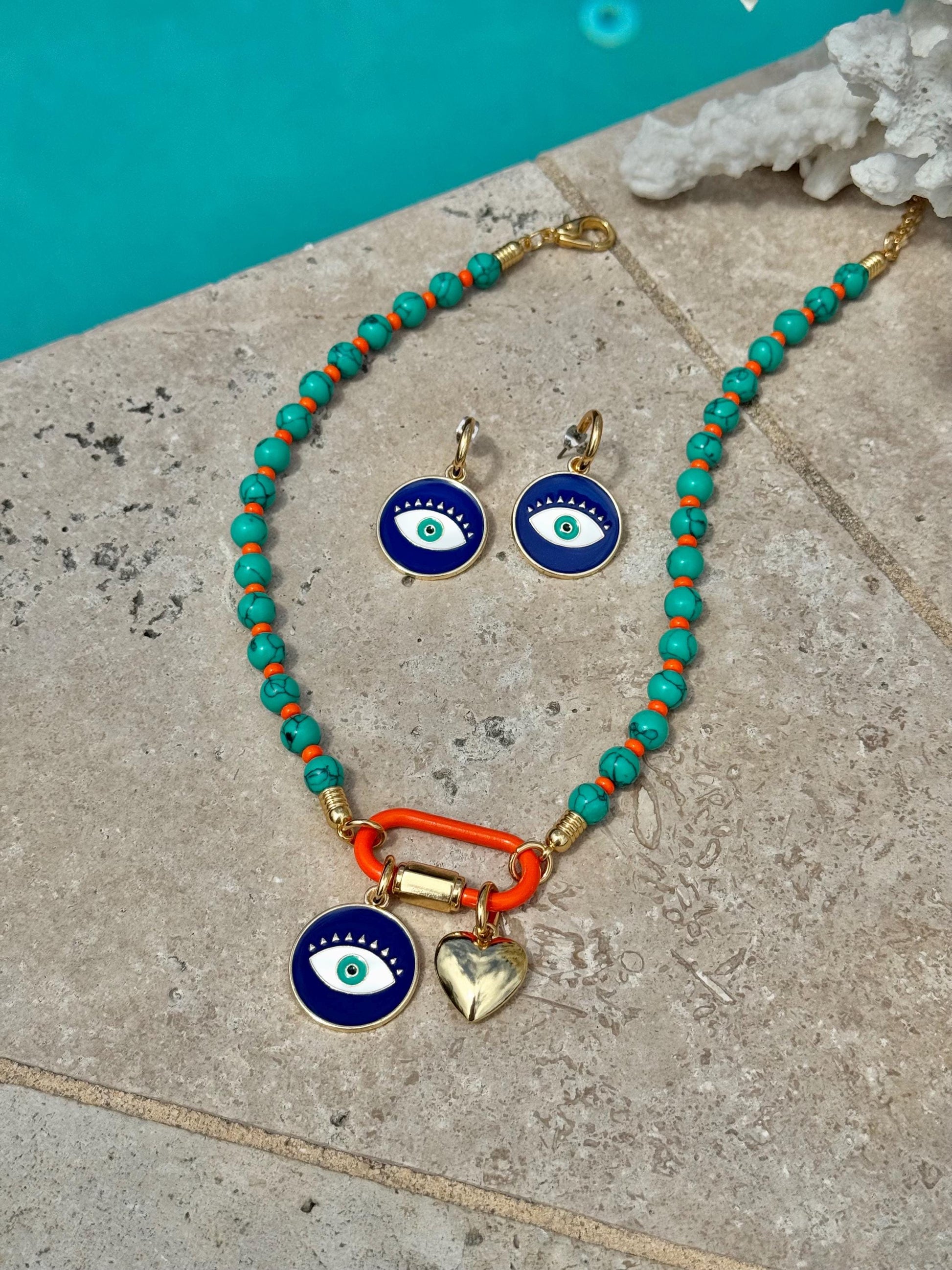 Evil Eye Carabiner Charms Necklace | Gemstone Carabiner Clasp Necklace | Colorful Beaded Summer Necklace | Gift for Her