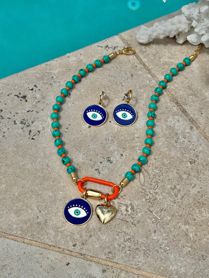 Evil eye carabiner charm necklace with colorful beads by AVINZIA