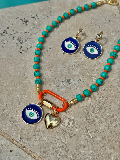 Evil eye carabiner charm necklace with colorful beads by AVINZIA — handmade coastal jewelry