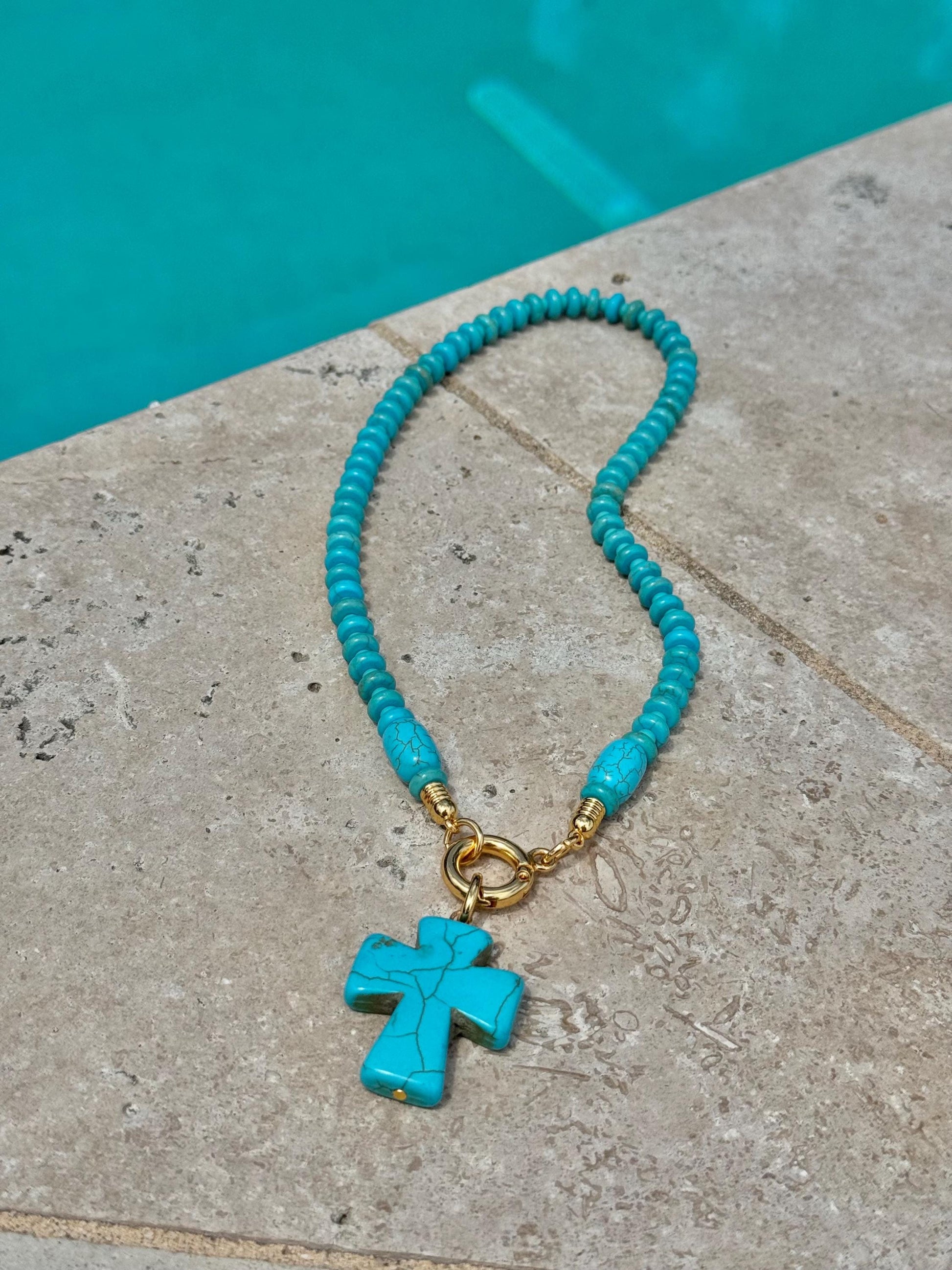 18" Turquoise Cross Necklace | Beaded Necklace with Turquoise Cross | Handmade Necklace