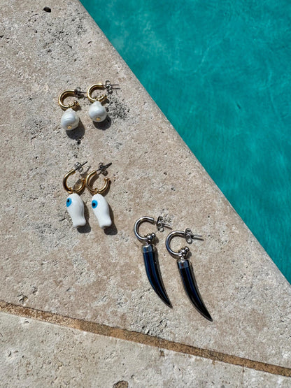 Hoop earrings with removable pearl, fish and tusk charms — gift-ready handmade jewelry by AVINZIA