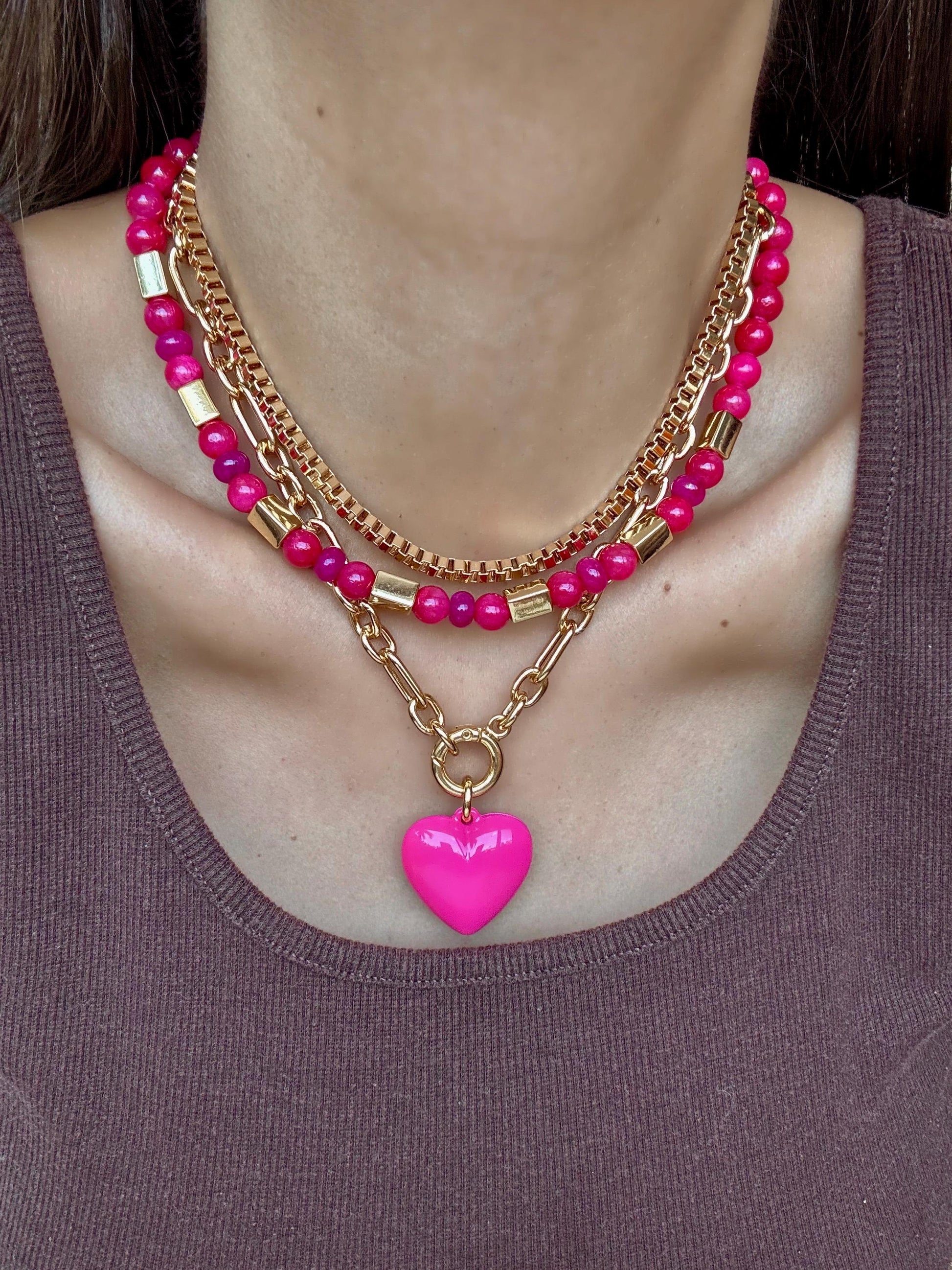Pink Layered Necklace | Fuchsia Gemstone Necklace | Pink Puffed Heart Charm Necklace | God Boxchain Choker