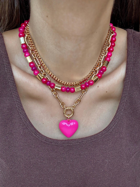 Pink Layered Necklace | Fuchsia Gemstone Necklace | Pink Puffed Heart Charm Necklace | God Boxchain Choker