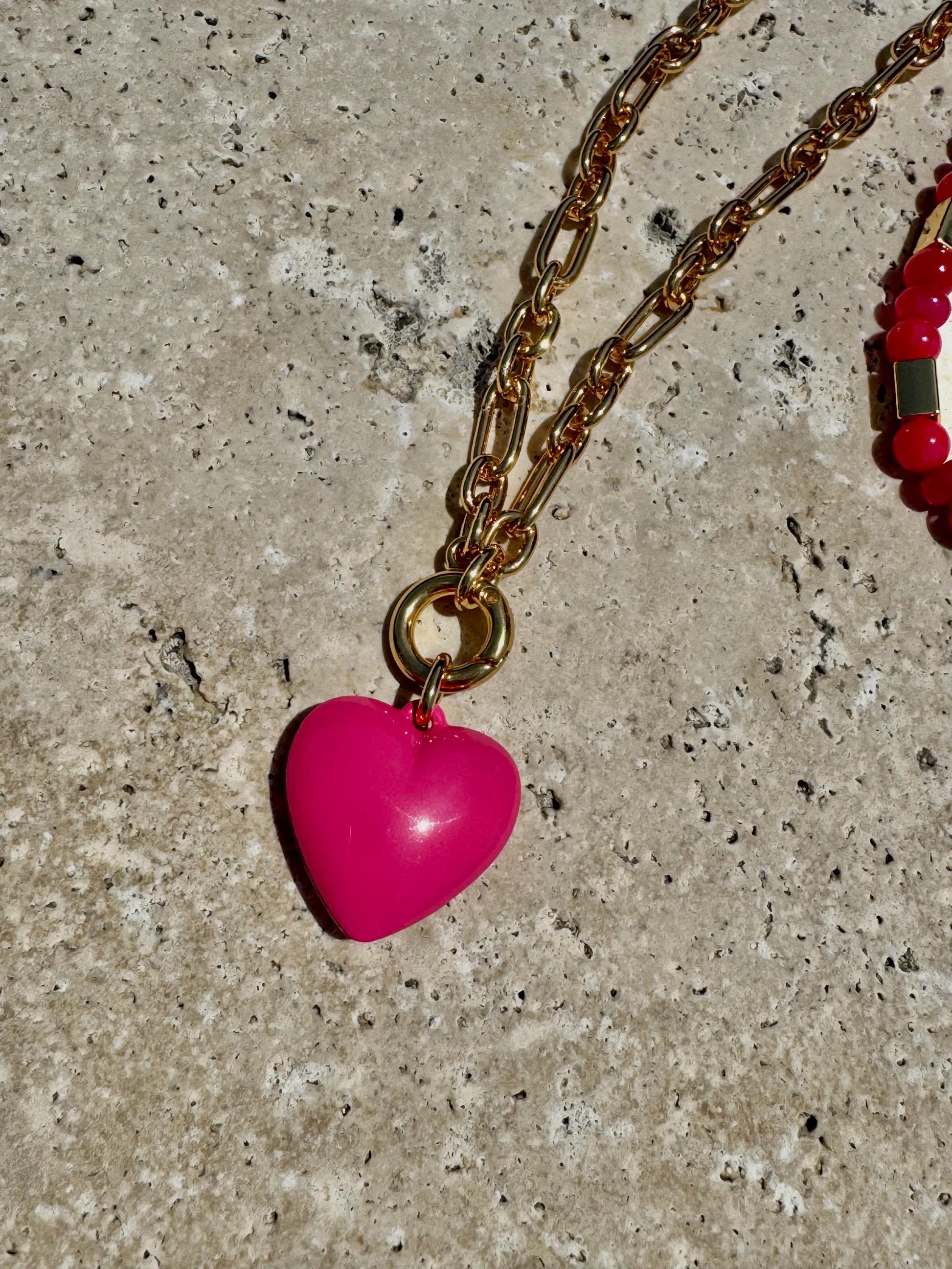 Pink Layered Necklace | Fuchsia Gemstone Necklace | Pink Puffed Heart Charm Necklace | God Boxchain Choker