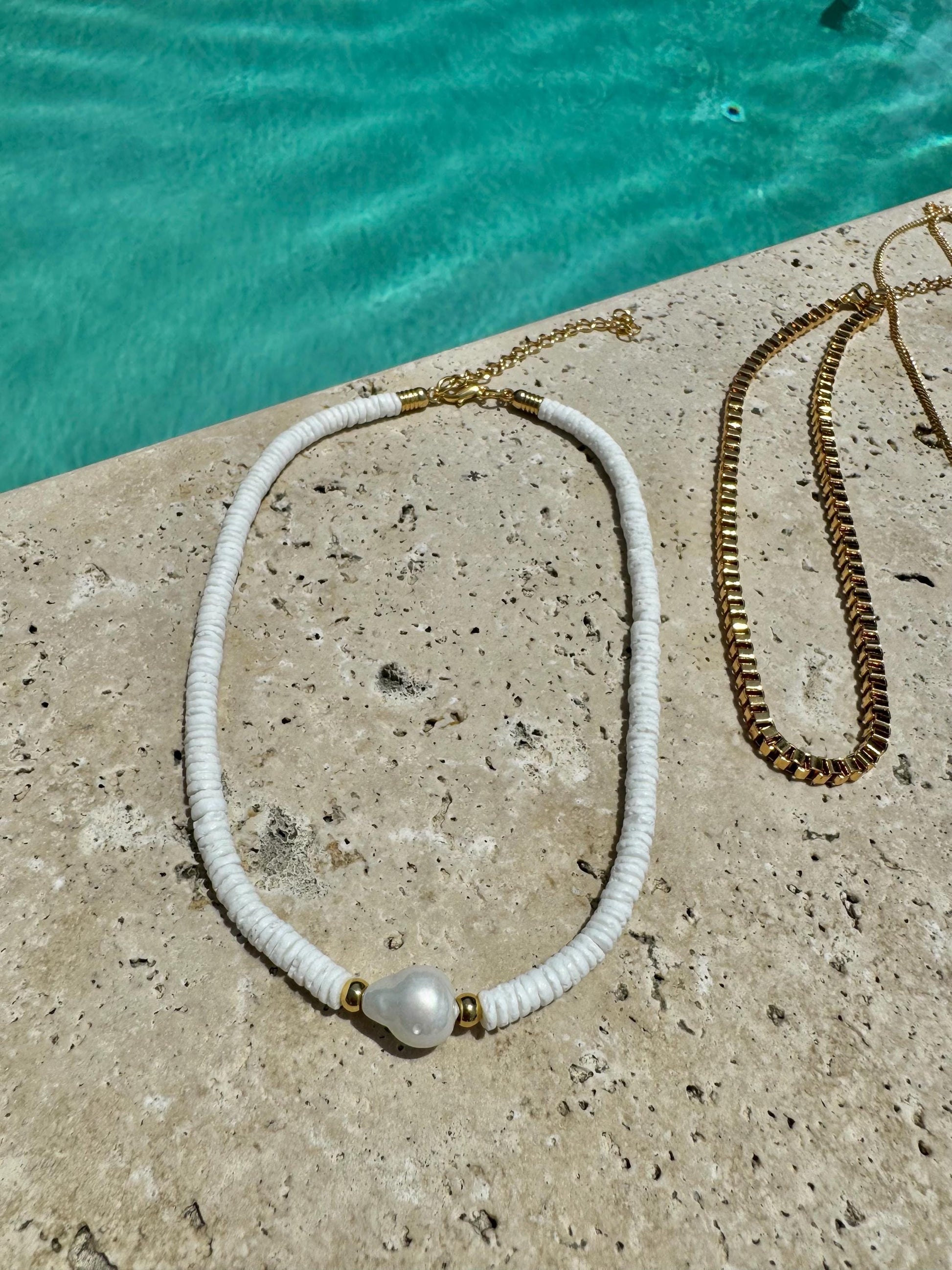 White Puka Shell Choker | Initial Necklace | Summer Jewelry | Layered Necklaces | Gold Boxchain Choker