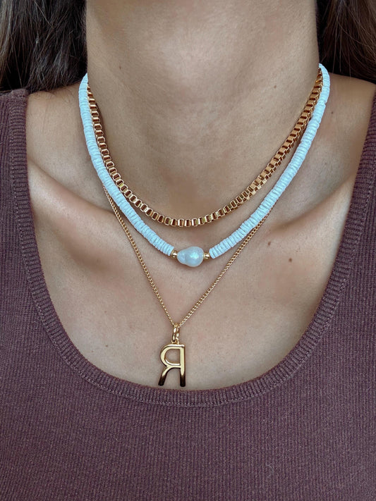 White Puka Shell Choker | Initial Necklace | Summer Jewelry | Layered Necklaces | Gold Boxchain Choker