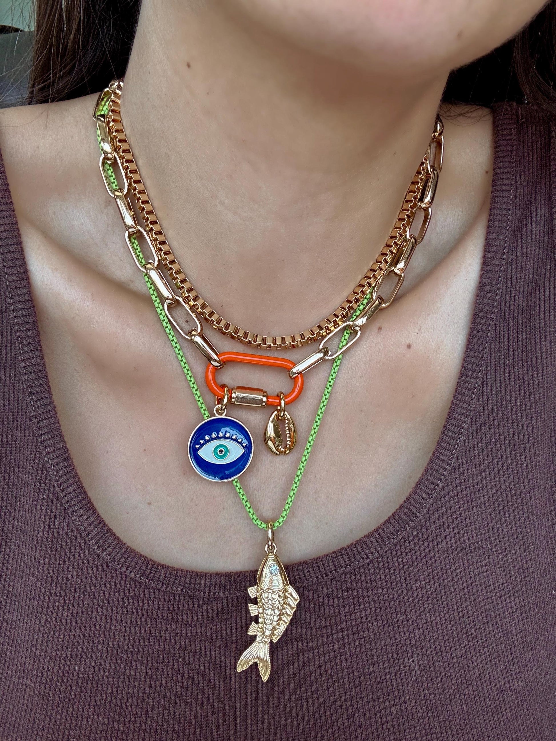 Charm Necklace | Enamel Carabiner Necklace | Gold Fish Charm Necklace | Gold Choker | Layered Necklaces | Gift for Her