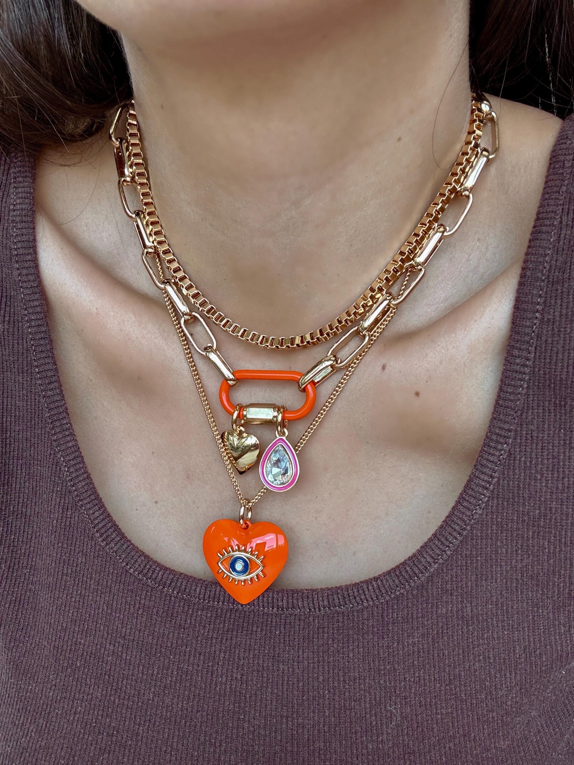 Heart Charm Necklace | Evil Eye Necklace Enamel Carabiner Necklace | Gold Fish Charm Necklace | Gold Choker | Layered Necklaces | Gift for H