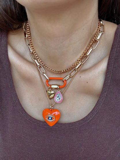 Heart charm necklace set with orange evil eye chain option — gift-ready handmade jewelry by AVINZIA