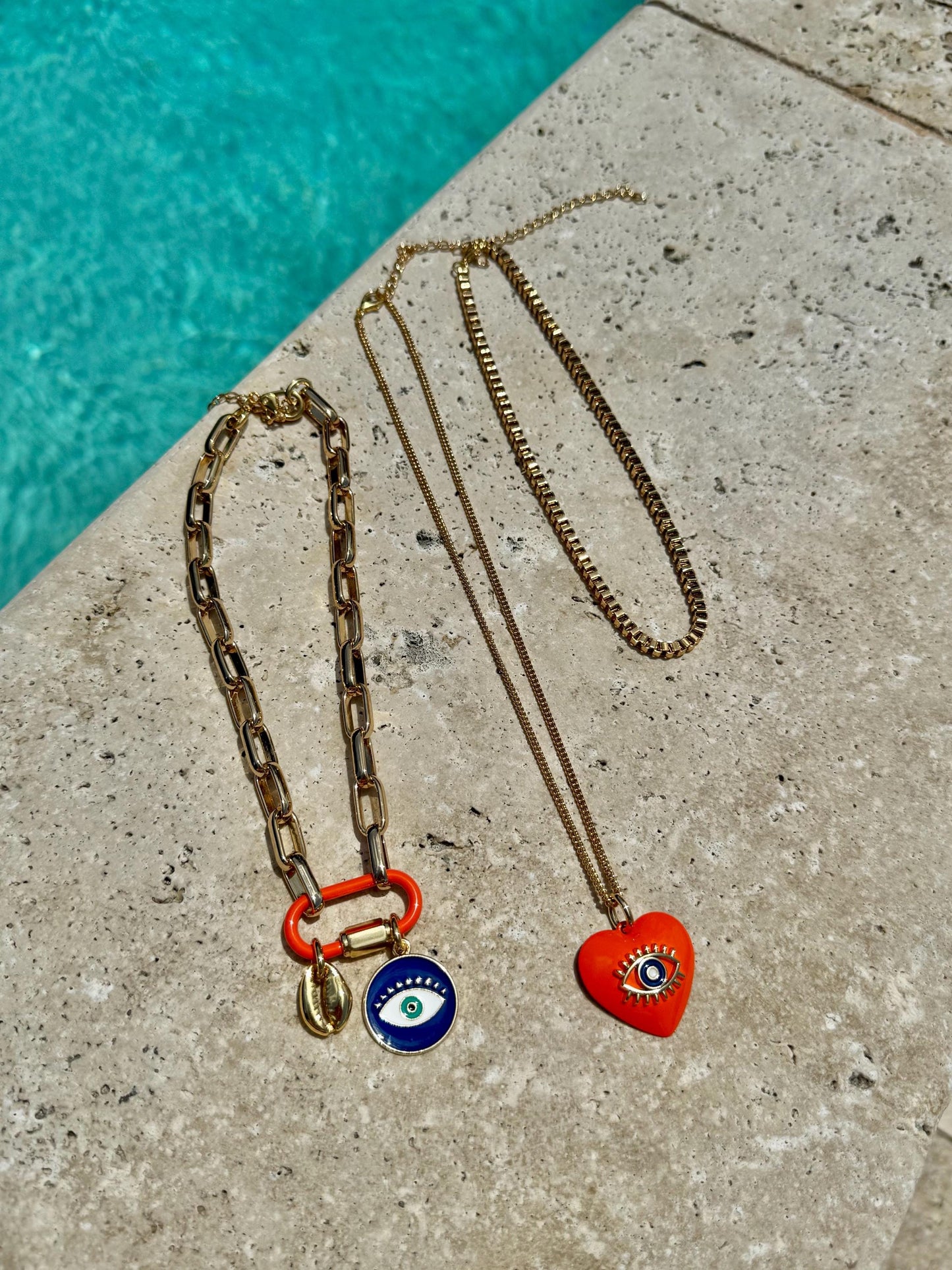 Evil Eye Charm Necklace | Enamel Carabiner Necklace | Gold Cowrie Charm Necklace | Gold Choker | Layered Necklaces | Gift for Her