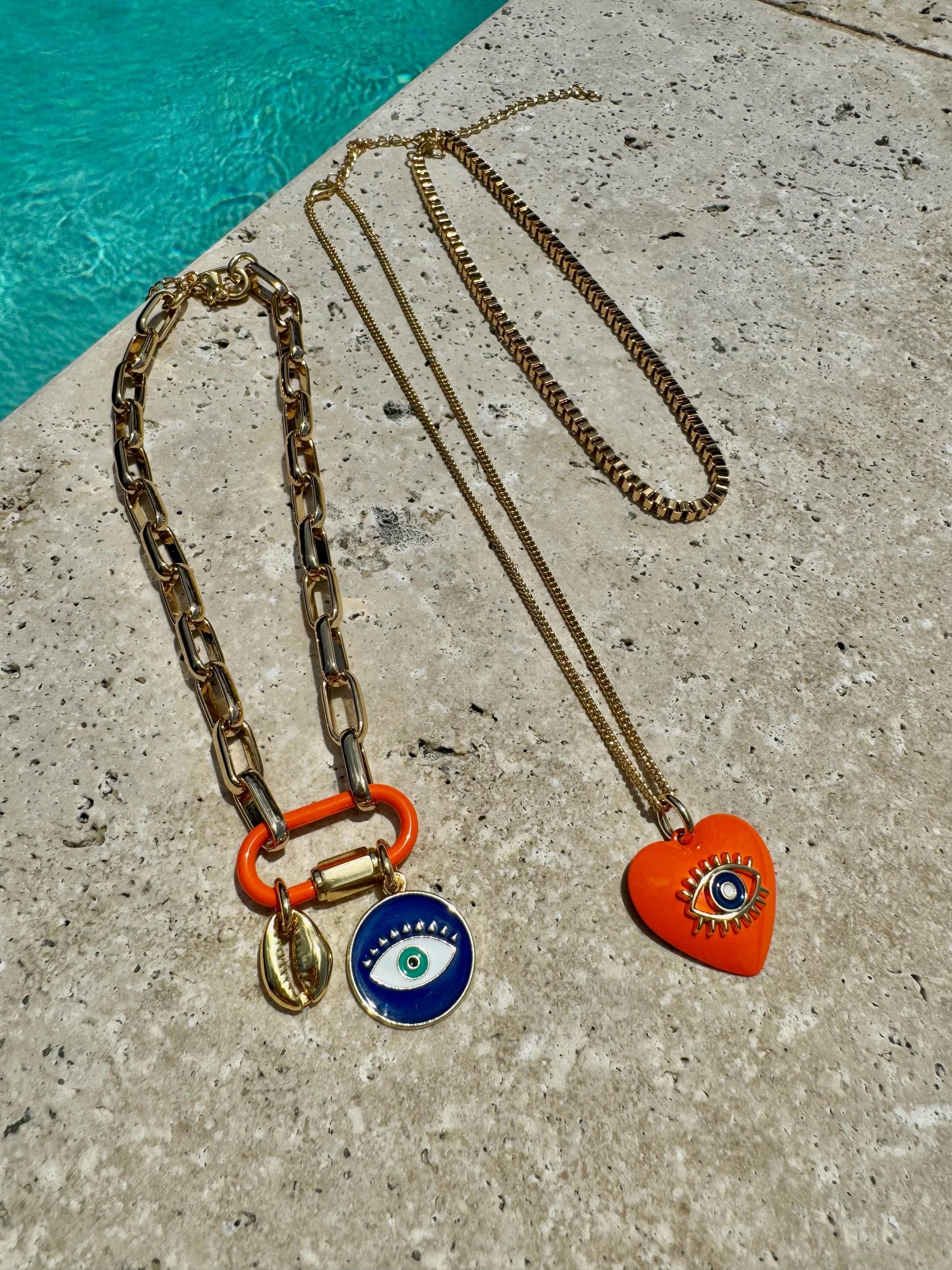 Evil Eye Charm Necklace | Enamel Carabiner Necklace | Gold Cowrie Charm Necklace | Gold Choker | Layered Necklaces | Gift for Her