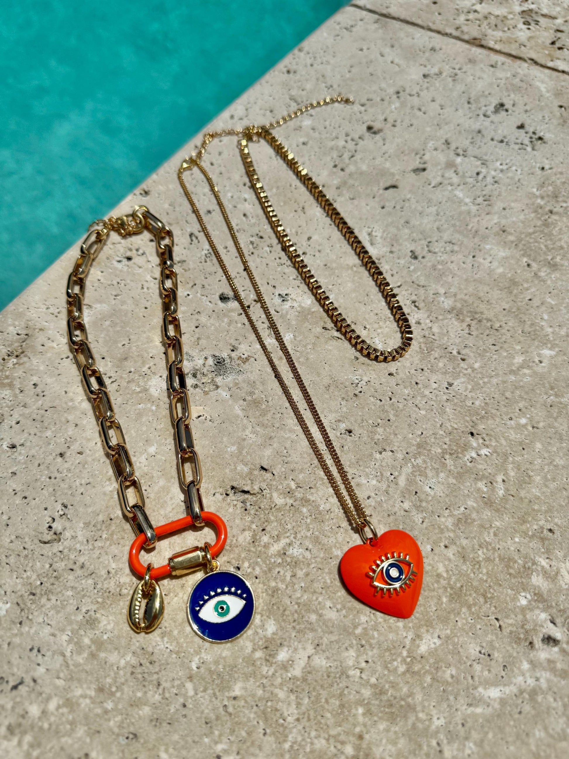 Evil Eye Charm Necklace | Enamel Carabiner Necklace | Gold Cowrie Charm Necklace | Gold Choker | Layered Necklaces | Gift for Her
