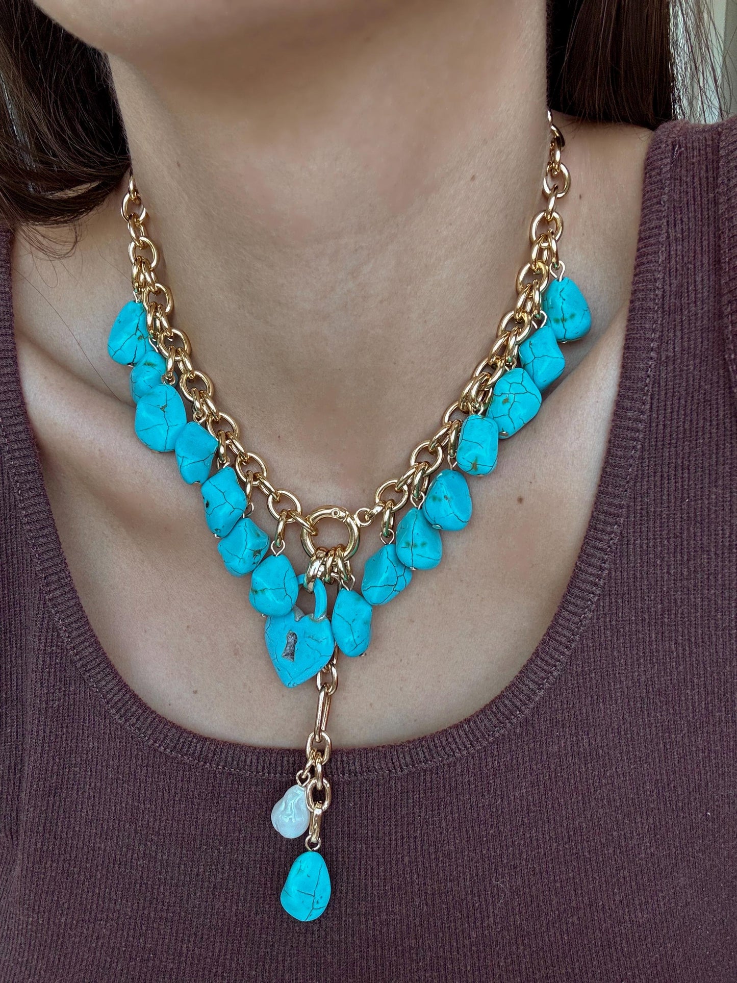 Turquoise Heart Lock Necklace | Convertible Charm Necklace | Link Chain Necklace with Turquoise Nugget Beads | Cluster Charm Necklace
