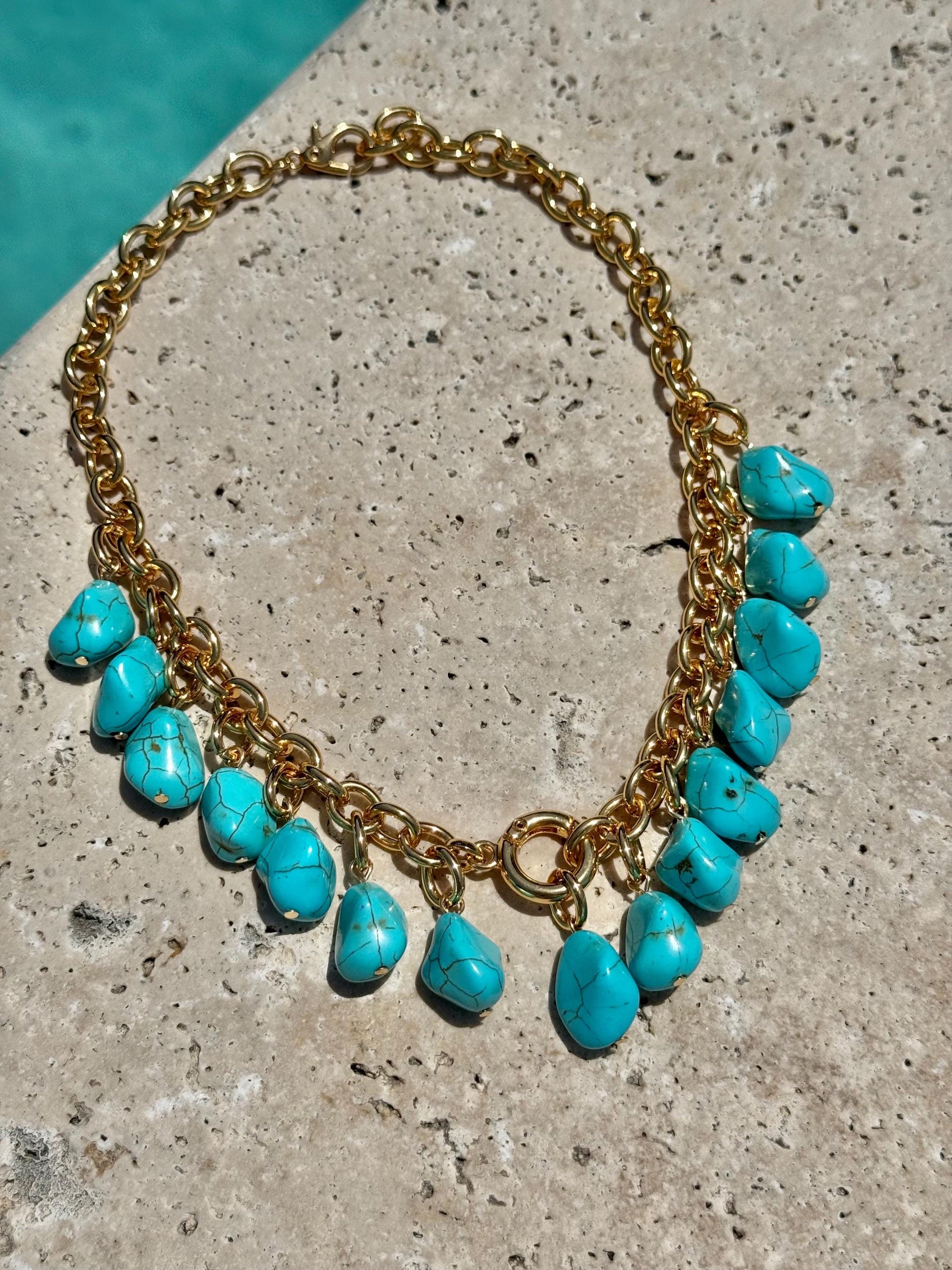 Turquoise Heart Lock Necklace | Convertible Charm Necklace | Link Chain Necklace with Turquoise Nugget Beads | Cluster Charm Necklace