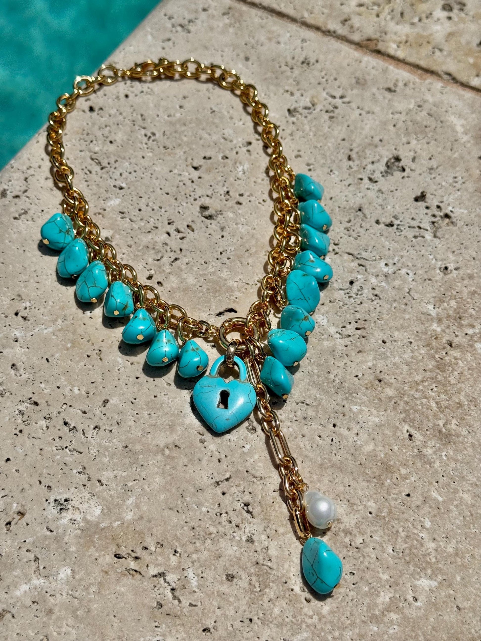 Turquoise Heart Lock Necklace | Convertible Charm Necklace | Link Chain Necklace with Turquoise Nugget Beads | Cluster Charm Necklace