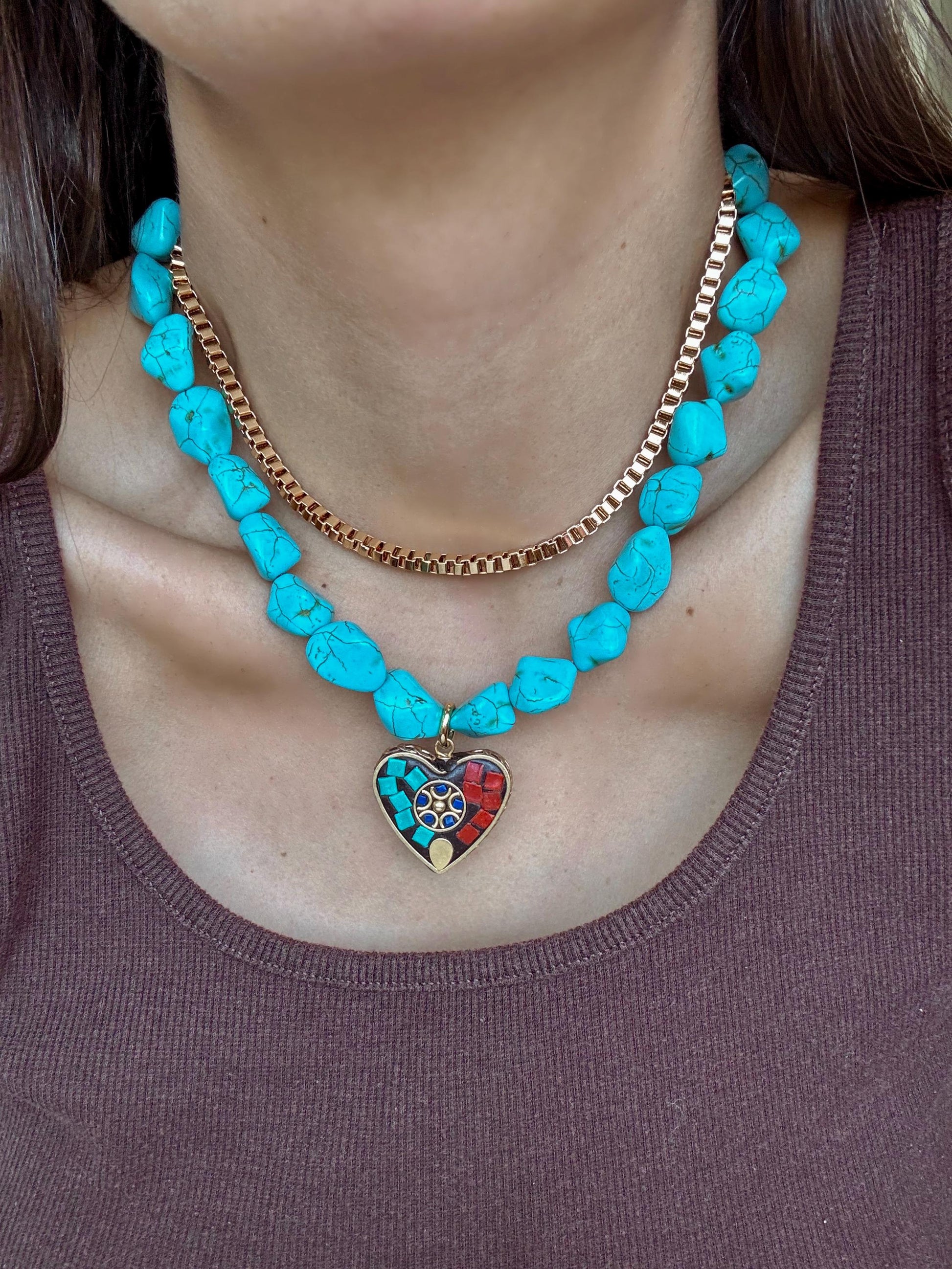 Turquoise Heart Mosaic Necklace | Turquoise Nugget Necklace | Beaded Necklace | Handmade Jewelry | Boho Necklace