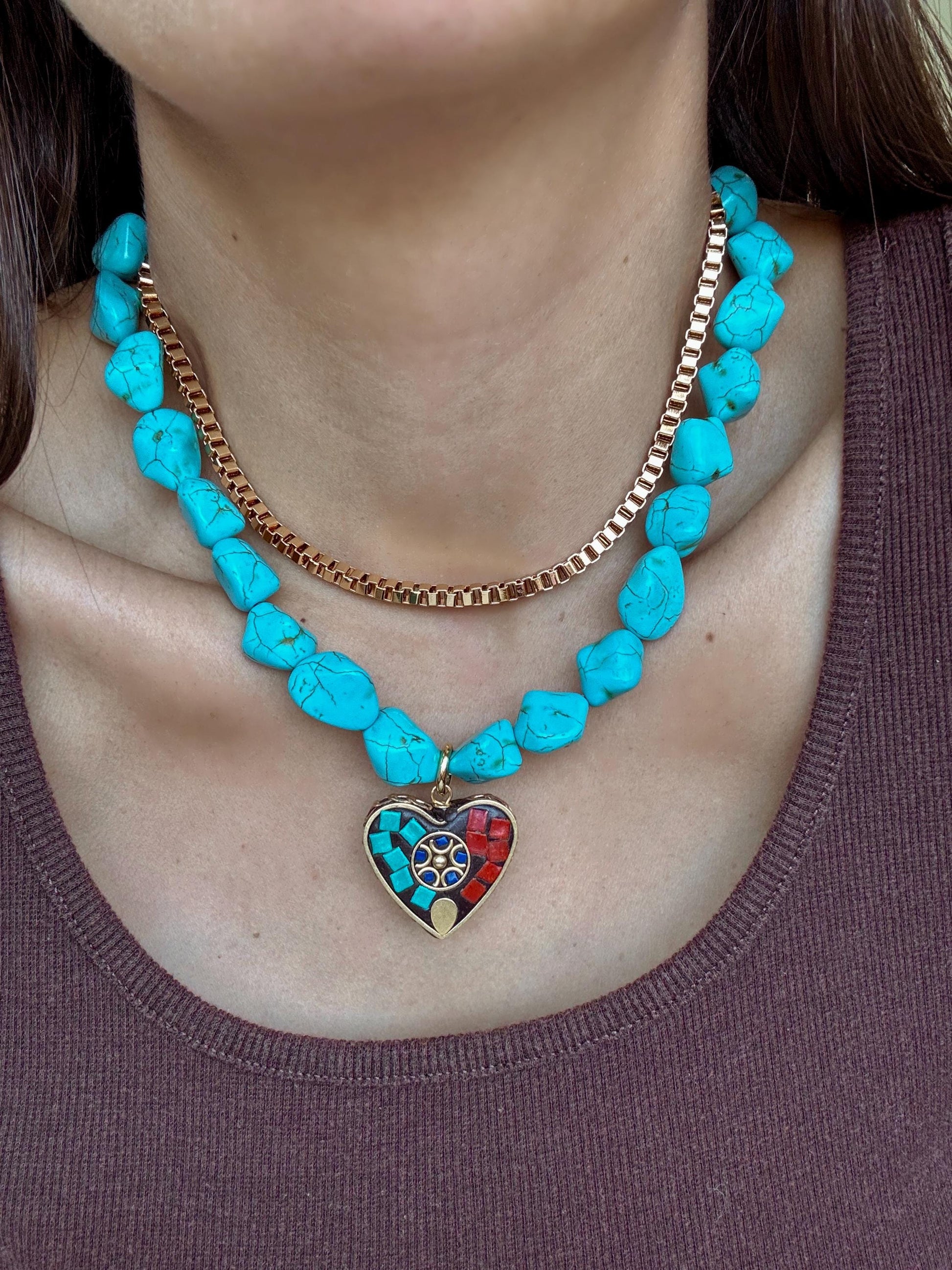 Turquoise Heart Mosaic Necklace | Turquoise Nugget Necklace | Beaded Necklace | Handmade Jewelry | Boho Necklace