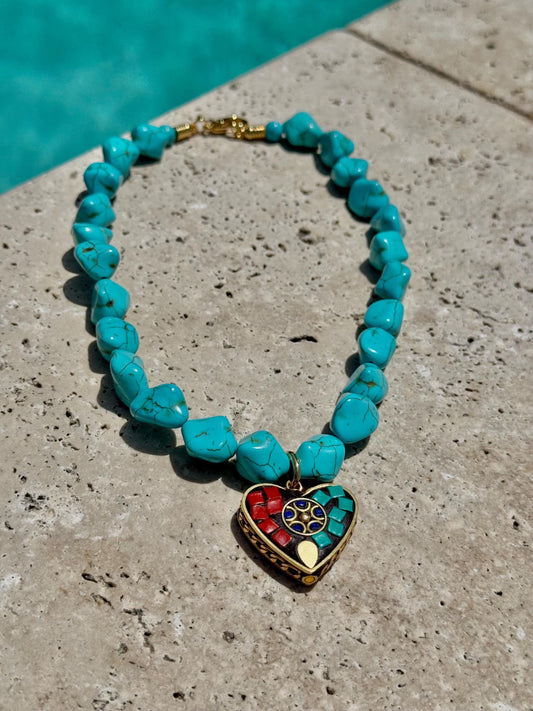 Turquoise Heart Mosaic Necklace | Turquoise Nugget Necklace | Beaded Necklace | Handmade Jewelry | Boho Necklace