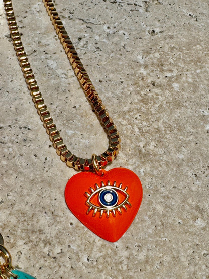 Coral bamboo beaded necklace with evil eye charm option by AVINZIA — handmade coastal jewelry