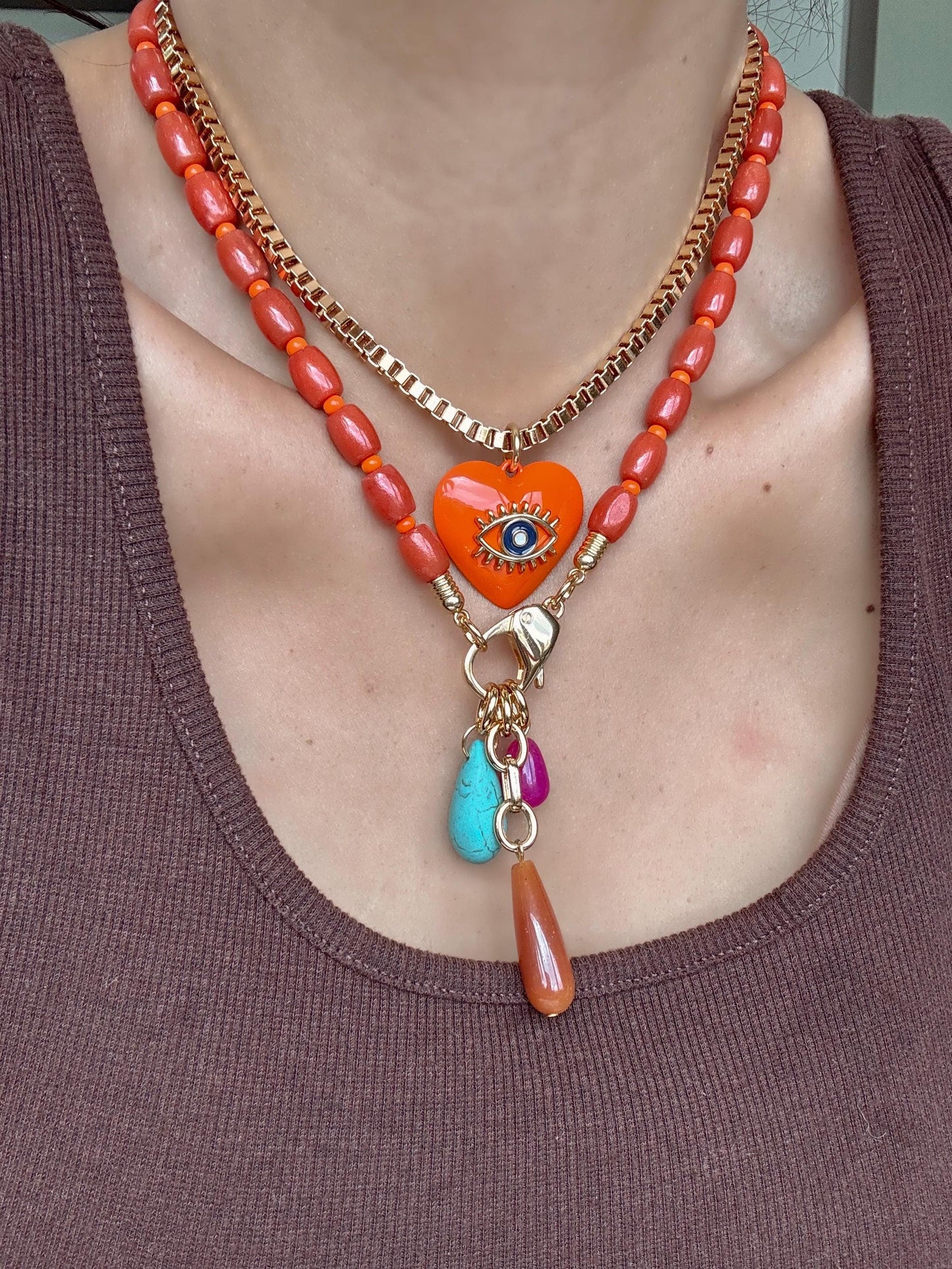 Coral Bamboo Beaded Necklace | Teardrop Charms Nekclace | Orange Evil Eye Heart Charm Choker | Colorful Gemstone Layered Necklace