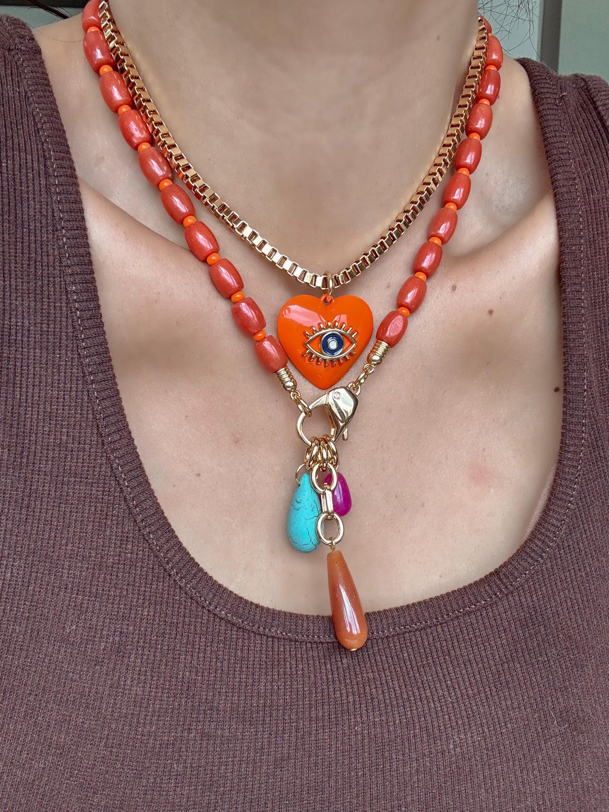 Coral Bamboo Beaded Necklace | Teardrop Charms Nekclace | Orange Evil Eye Heart Charm Choker | Colorful Gemstone Layered Necklace