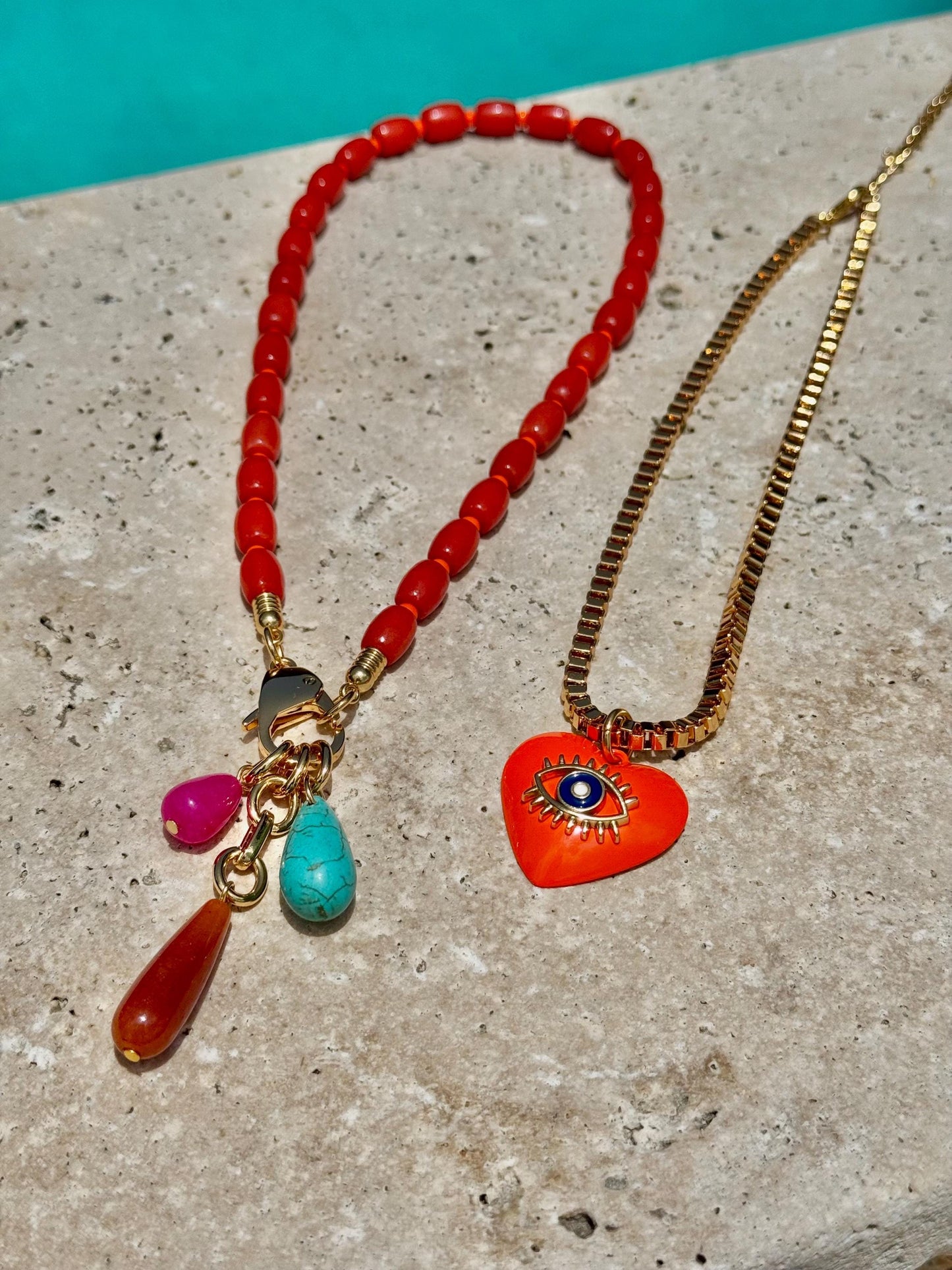 Coral Bamboo Beaded Necklace | Teardrop Charms Nekclace | Orange Evil Eye Heart Charm Choker | Colorful Gemstone Layered Necklace