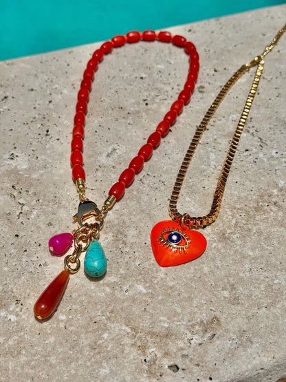 Coral bamboo beaded necklace with evil eye charm option — AVINZIA handmade jewelry