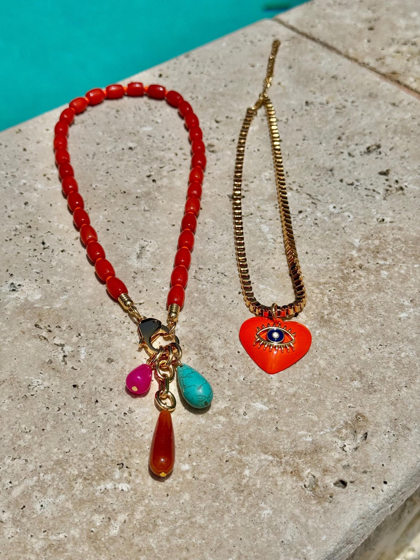 Coral Bamboo Beaded Necklace | Teardrop Charms Nekclace | Orange Evil Eye Heart Charm Choker | Colorful Gemstone Layered Necklace