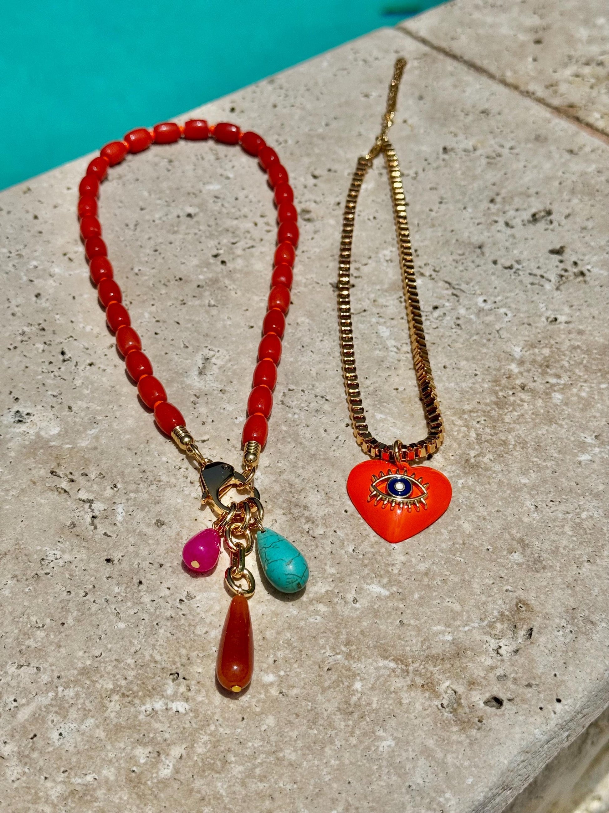 Coral Bamboo Beaded Necklace | Teardrop Charms Nekclace | Orange Evil Eye Heart Charm Choker | Colorful Gemstone Layered Necklace