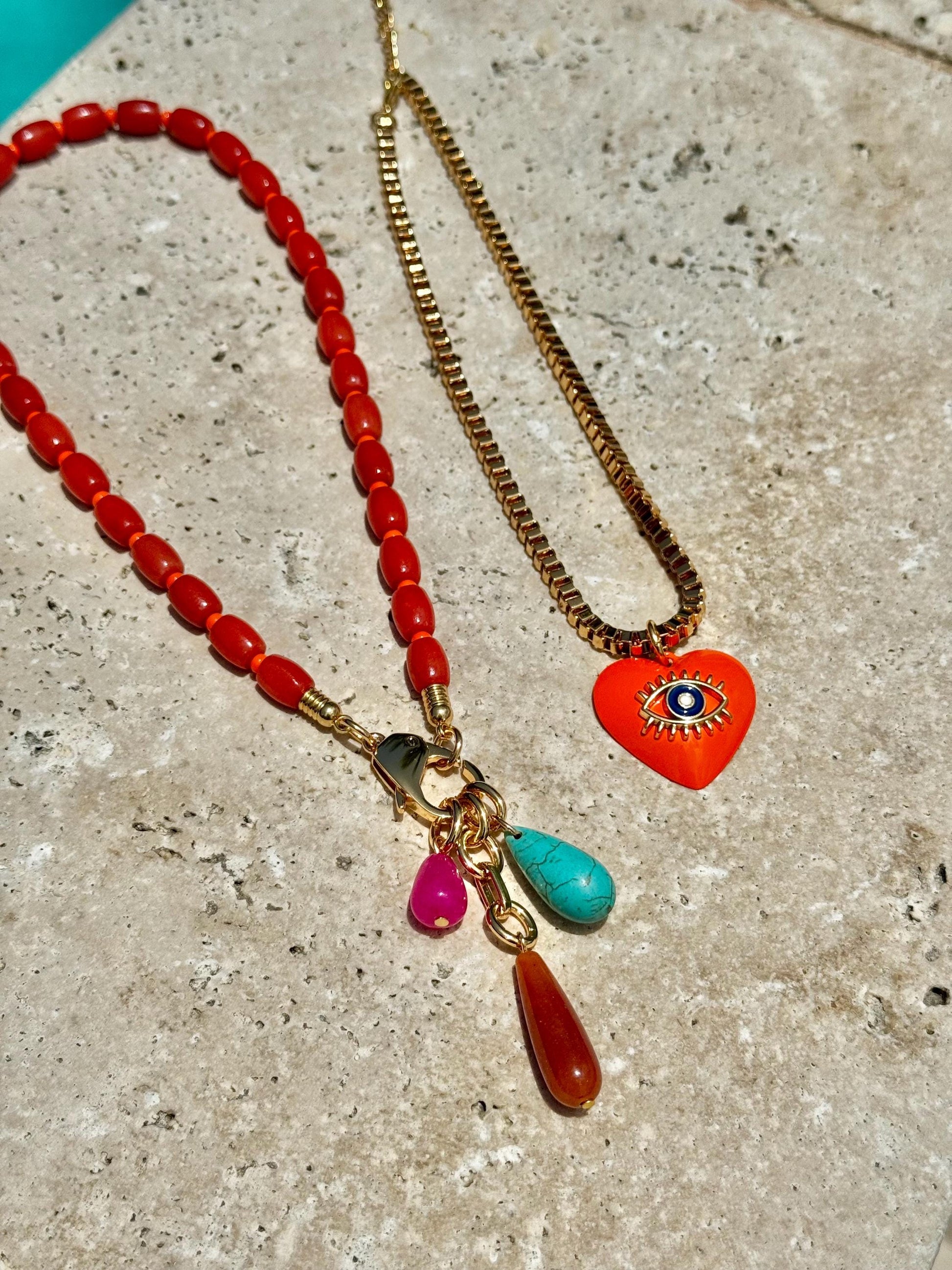 Coral Bamboo Beaded Necklace | Teardrop Charms Nekclace | Orange Evil Eye Heart Charm Choker | Colorful Gemstone Layered Necklace