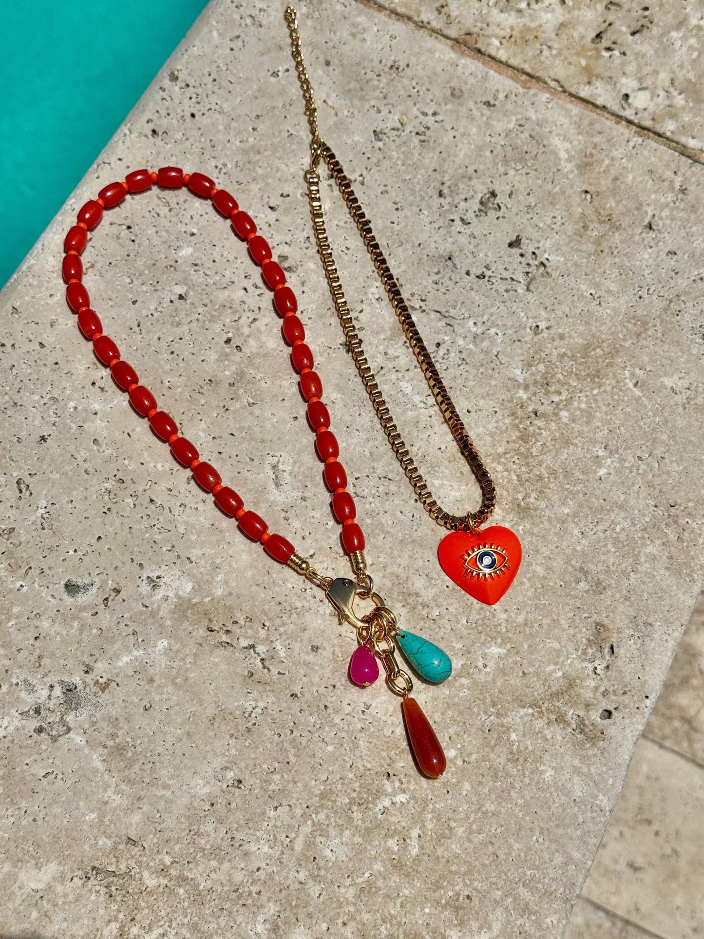 Coral Bamboo Beaded Necklace | Teardrop Charms Nekclace | Orange Evil Eye Heart Charm Choker | Colorful Gemstone Layered Necklace