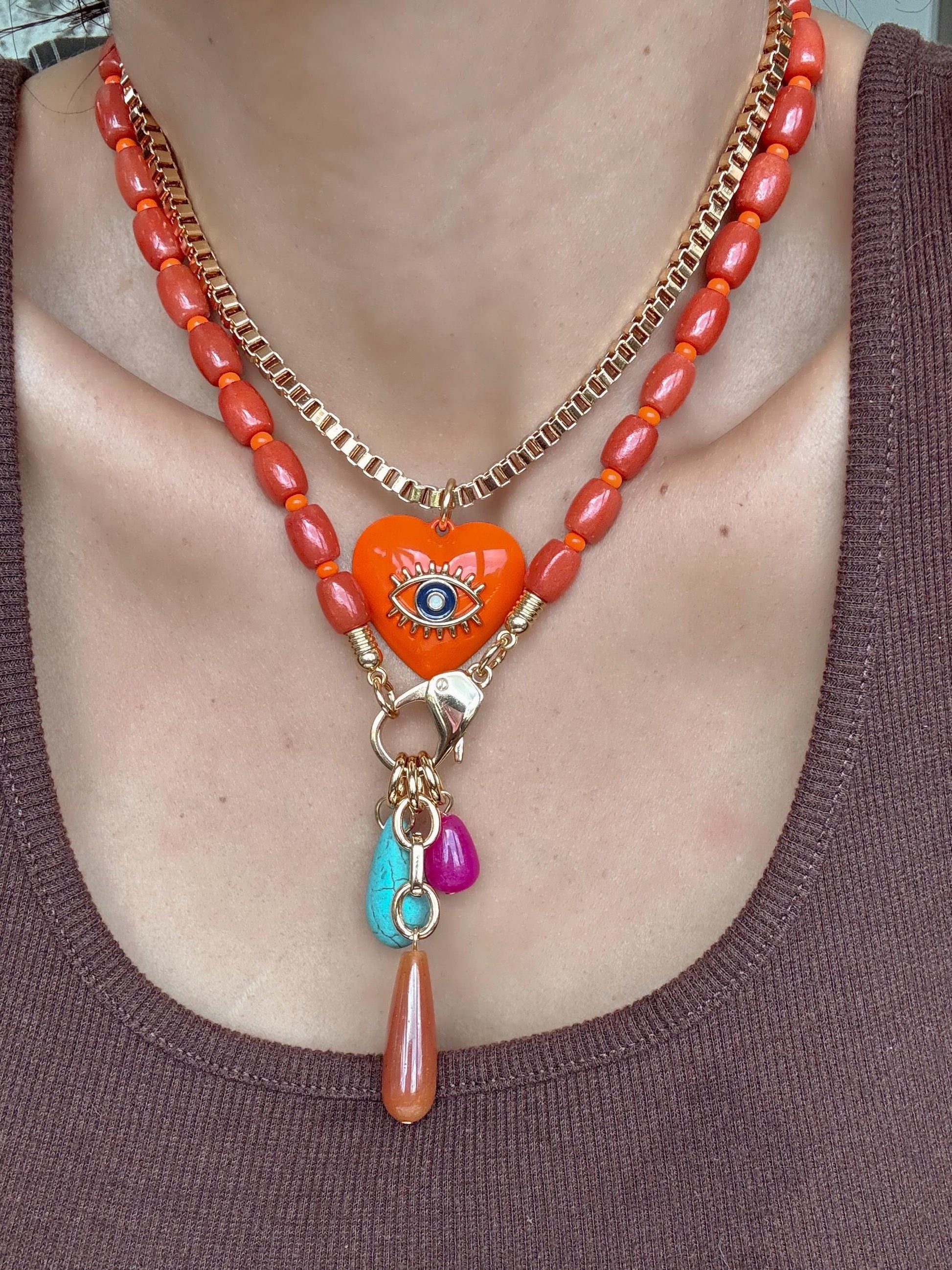 Coral Bamboo Beaded Necklace | Teardrop Charms Nekclace | Orange Evil Eye Heart Charm Choker | Colorful Gemstone Layered Necklace