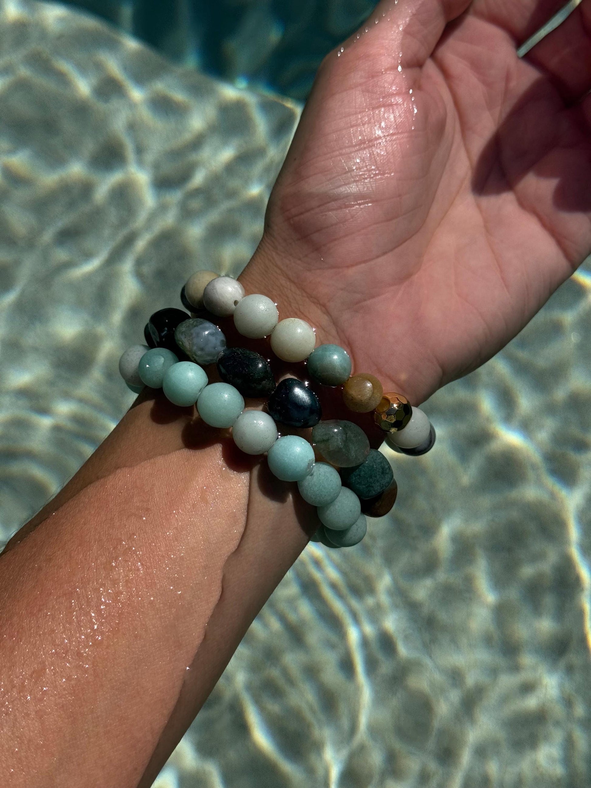 Acqua Bracelets - High-Quality Stretch Elastic - Frosted Amazonite Bracelet - Polished Amazonite Bracelet - Moss Agate Bracelet