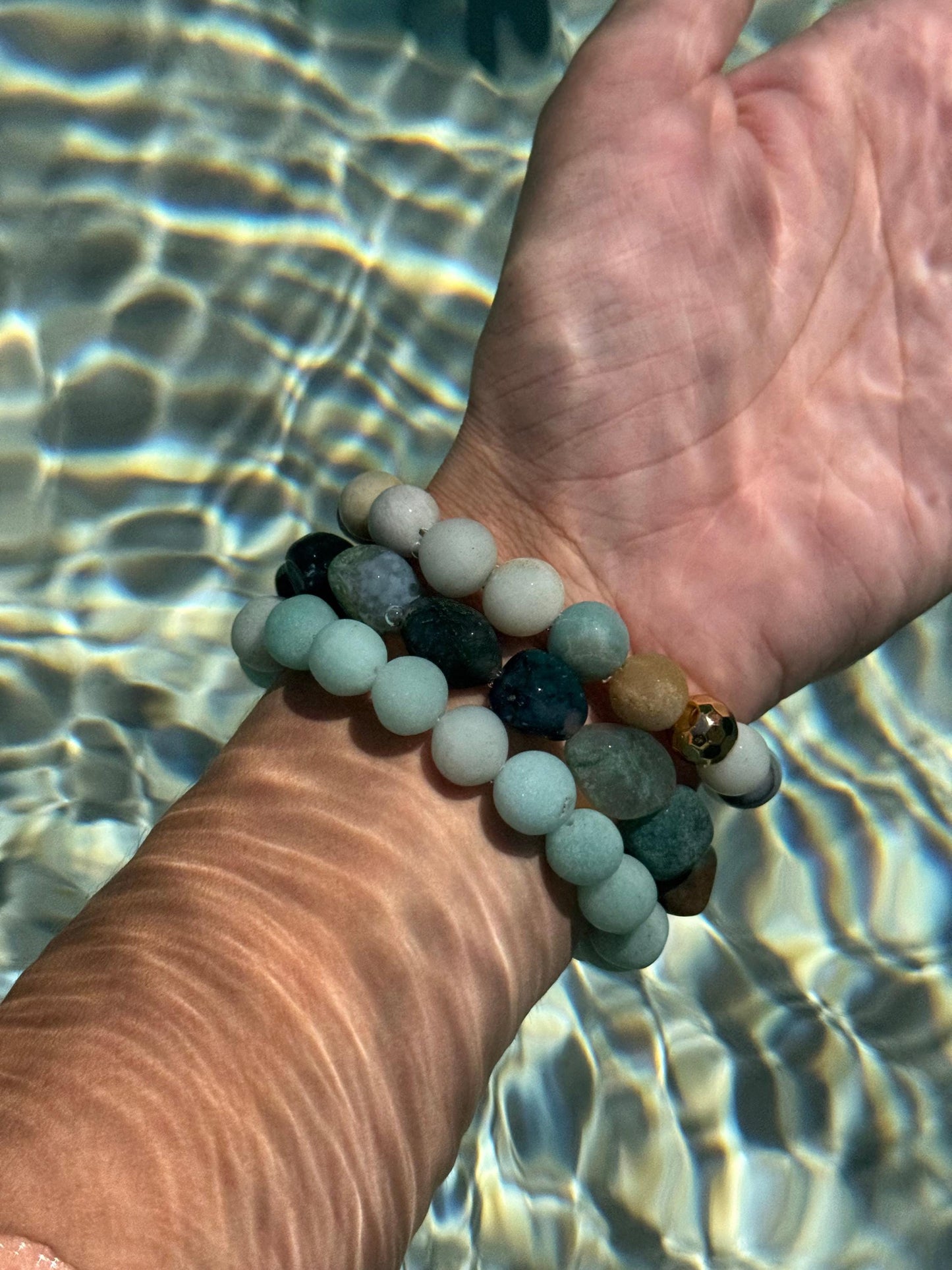 Acqua Bracelets - High-Quality Stretch Elastic - Frosted Amazonite Bracelet - Polished Amazonite Bracelet - Moss Agate Bracelet