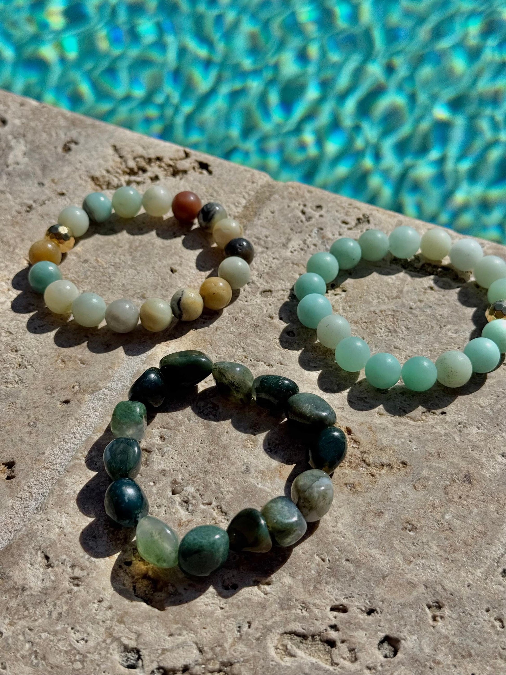 Acqua Bracelets - High-Quality Stretch Elastic - Frosted Amazonite Bracelet - Polished Amazonite Bracelet - Moss Agate Bracelet