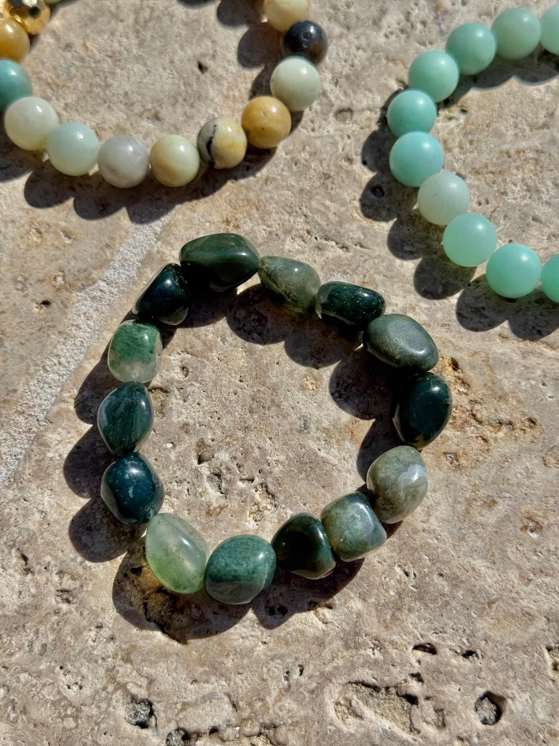 Acqua Bracelets - High-Quality Stretch Elastic - Frosted Amazonite Bracelet - Polished Amazonite Bracelet - Moss Agate Bracelet
