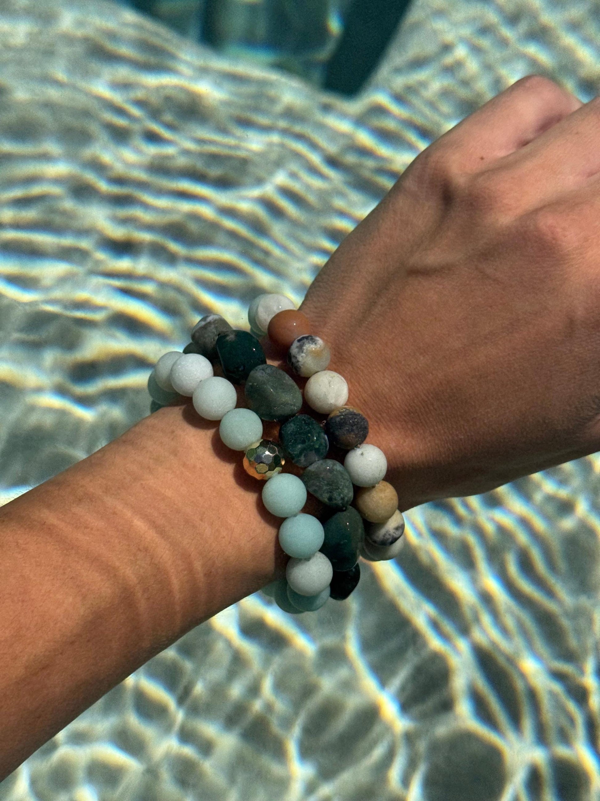 Acqua Bracelets - High-Quality Stretch Elastic - Frosted Amazonite Bracelet - Polished Amazonite Bracelet - Moss Agate Bracelet