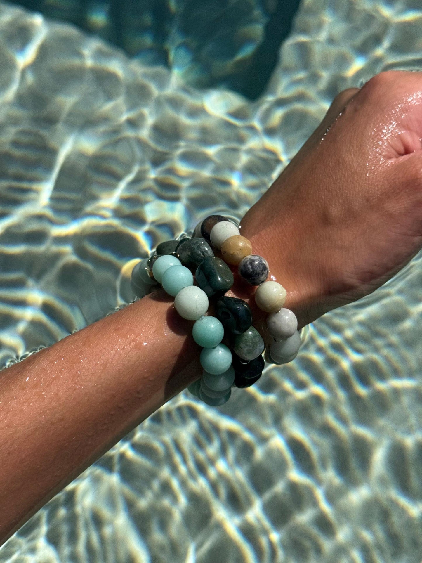 Acqua Bracelets - High-Quality Stretch Elastic - Frosted Amazonite Bracelet - Polished Amazonite Bracelet - Moss Agate Bracelet