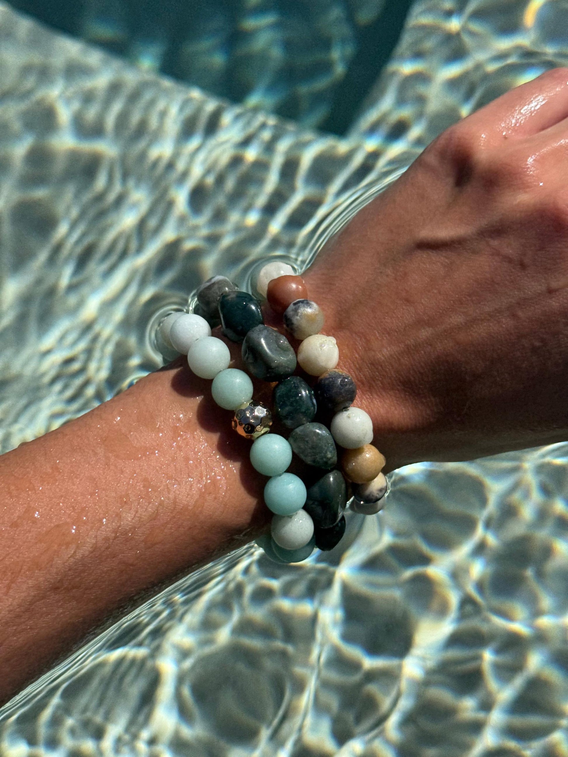 Acqua Bracelets - High-Quality Stretch Elastic - Frosted Amazonite Bracelet - Polished Amazonite Bracelet - Moss Agate Bracelet